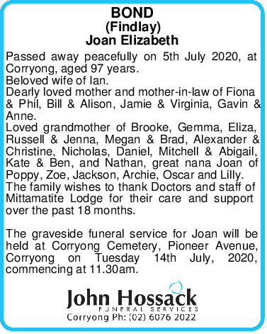 Bond, Joan Elizabeth - John Hossack Funerals